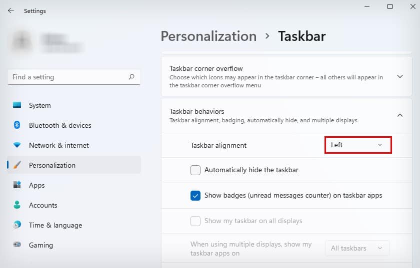 change taskbar alignment