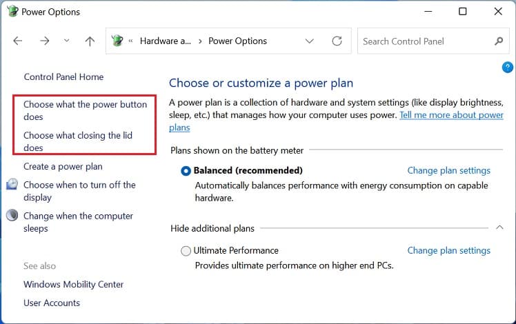 choose what the power button does or choose what closing the lid does