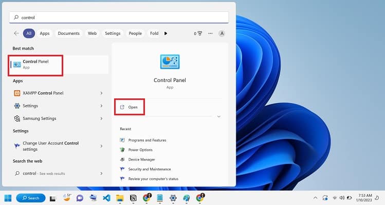 control panel from start menu