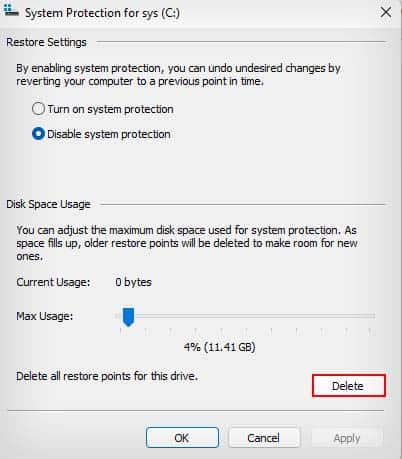 delete system restore point