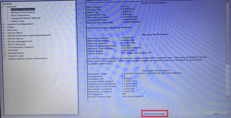 dell bios restore settings