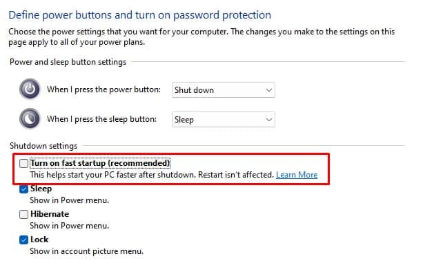 disable fast startup reboot dell laptop