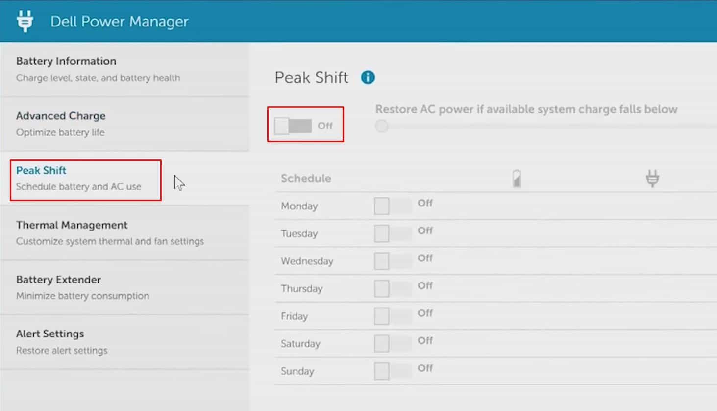 disable peak shift dell xps laptop