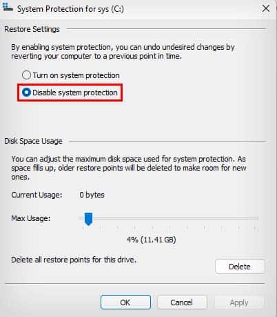 disable system restore