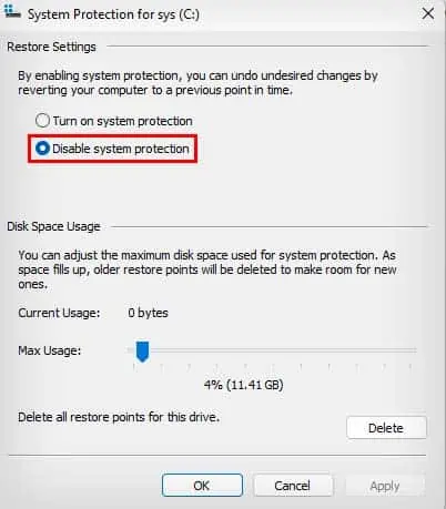 How to Delete Backup Files on Windows 10 disable-system-restore