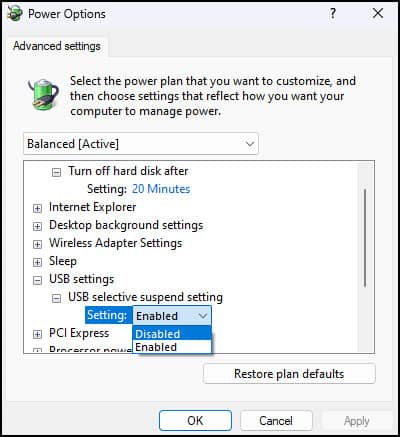 disable usb selective suspend logitech mouse not working