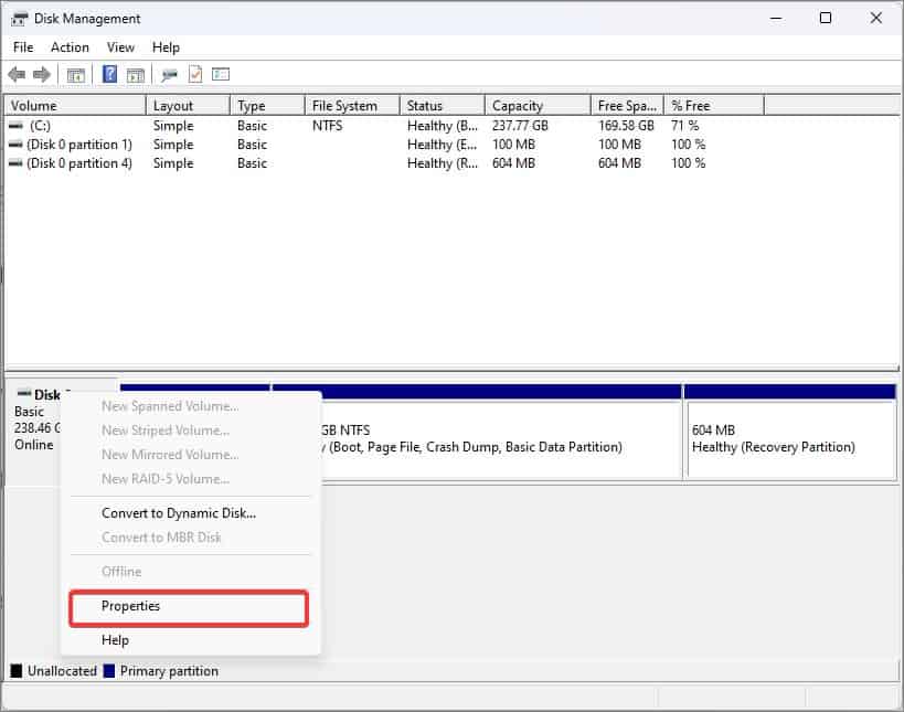 disk properties
