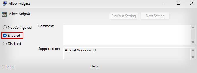 enable allow widgets gpedit