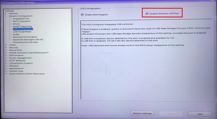 enable external usb port