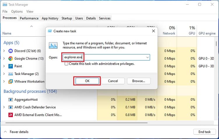 explorer exe in create new task