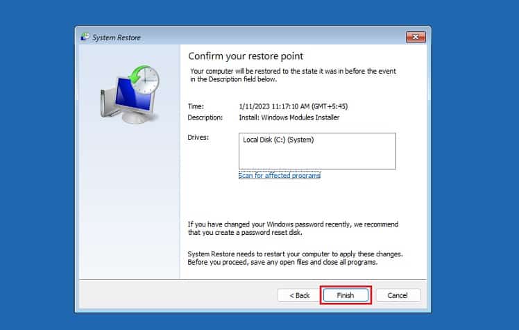 finish to start system restore