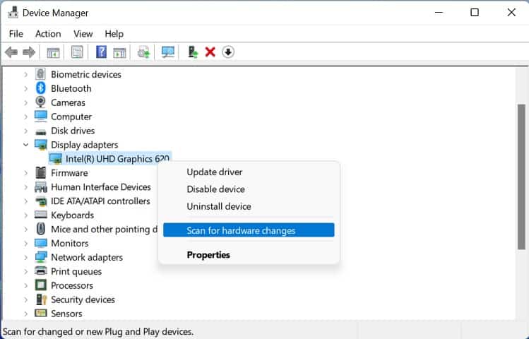 graphics drivers scan for hardware changes