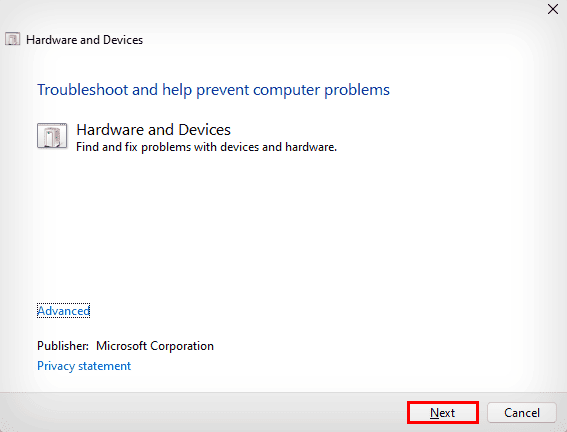 hardware and devices troubleshooter