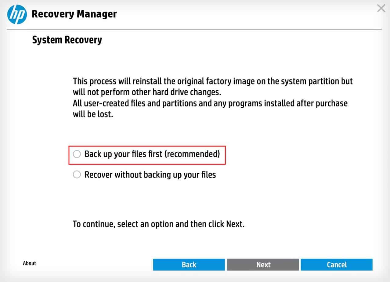 hp recovery manager backup your files first