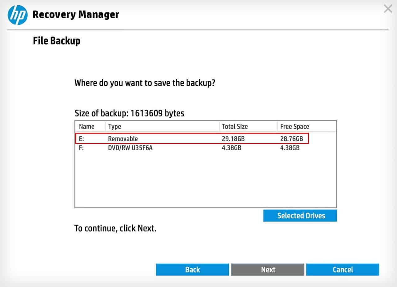hp recovery manager select removable drive to back up
