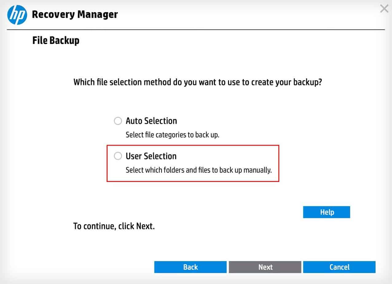 hp recoveryy manager backup user selection