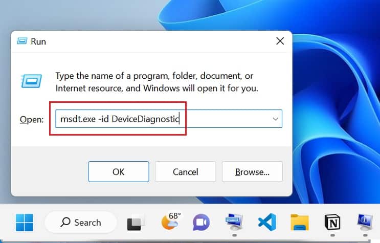 msdt exe id devicediagnostic in run