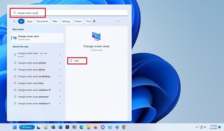 open change screen saver from start menu