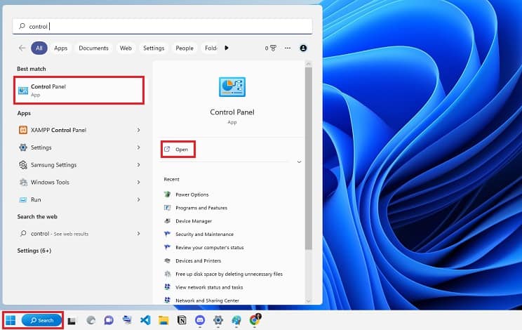 open control panel from start menu