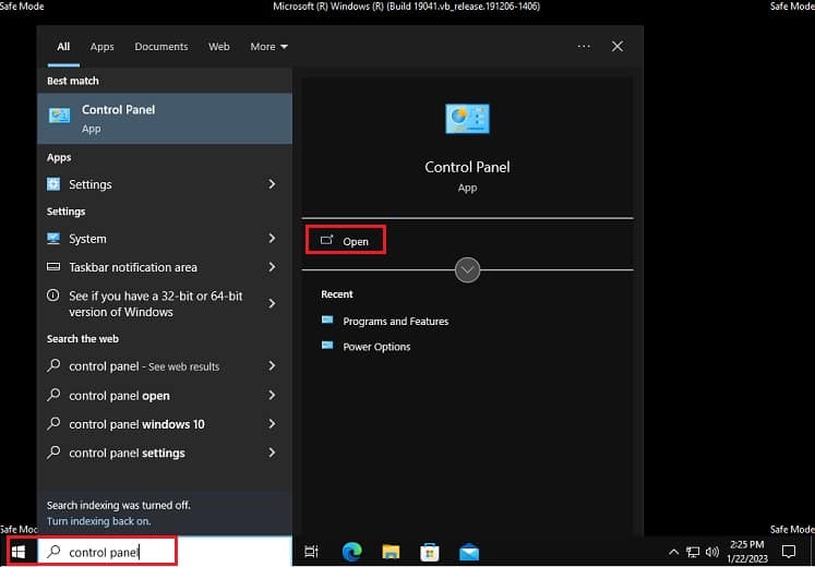 open control panel in safe mode