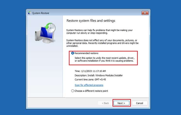 pick recommended restore and next