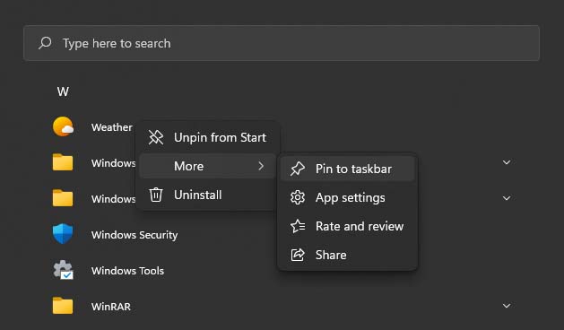 pin weather app to taskbar