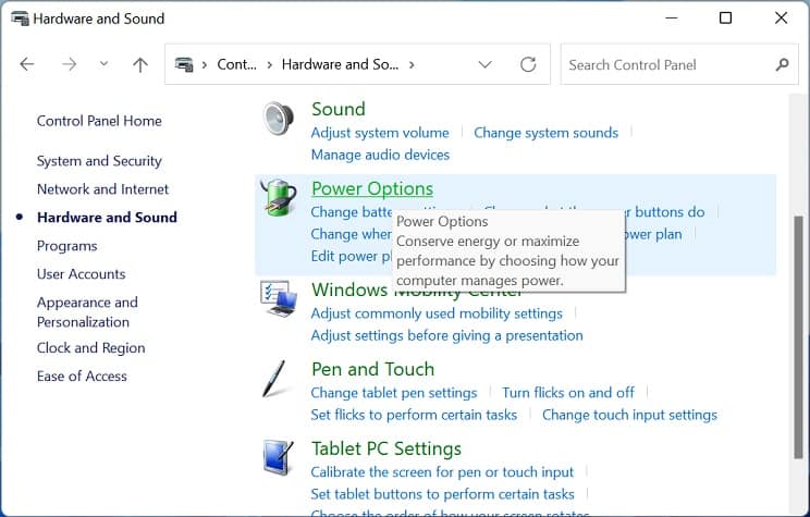 power options in control panel