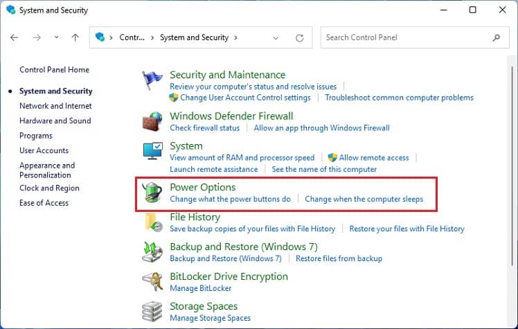 power options in control panel