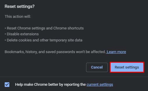 reset settings chrome