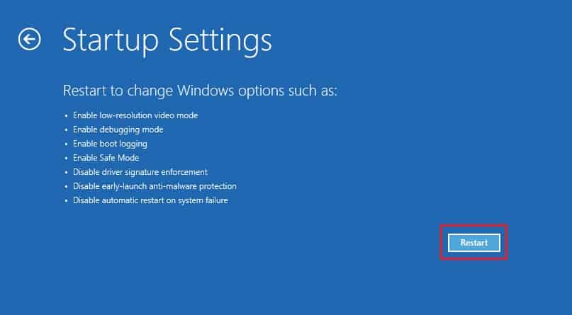 restart button in startup settings in windows re