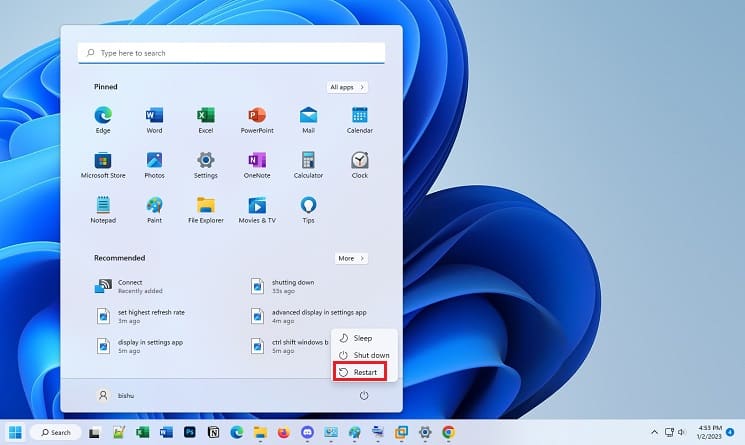 restart from power icon