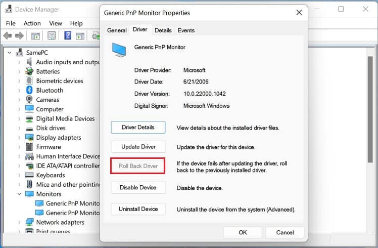 roll back driver in monitor properties