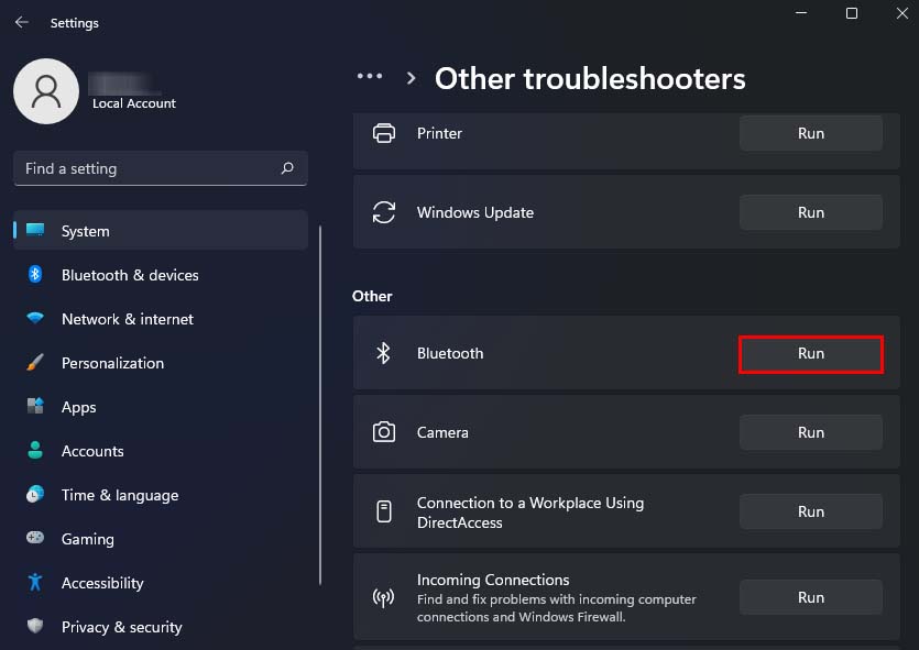 run bluetooth troubleshooter