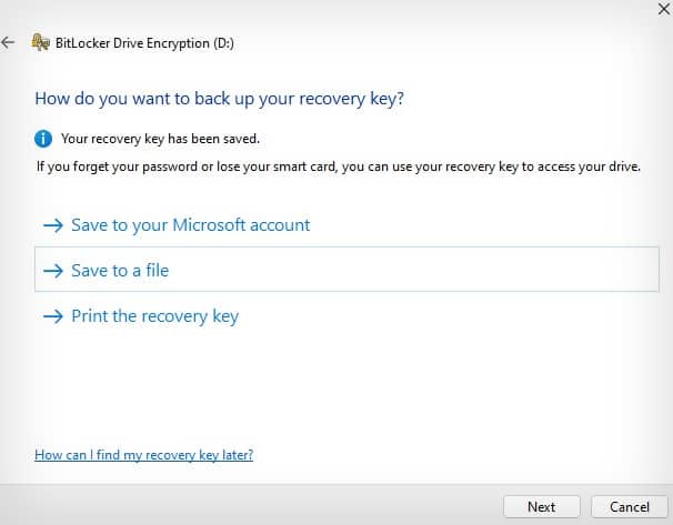 save bitlocker key