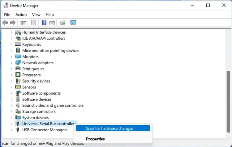 scan for hardware changes usb controllers