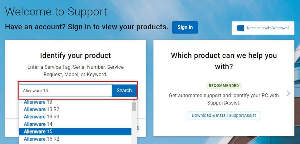 select laptop dell support page