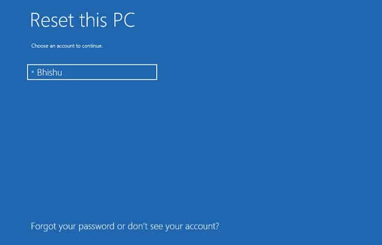 select your account in reset this pc screen