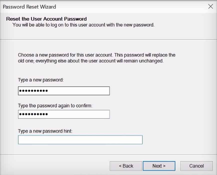 set a new password with password reset disk