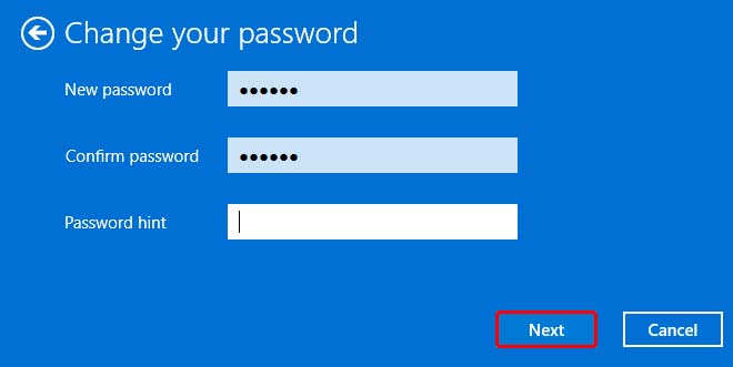 set and confirm new password widnows