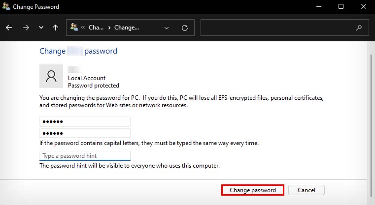 set new password and confirm control panel