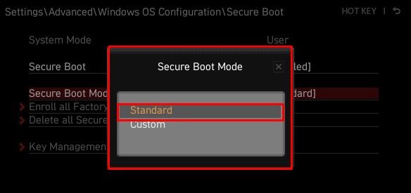 set standard secure boot mode