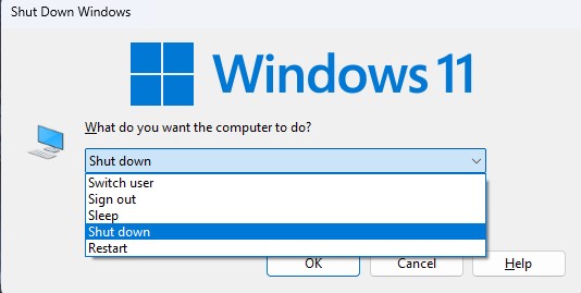 shutdown menu dell laptop