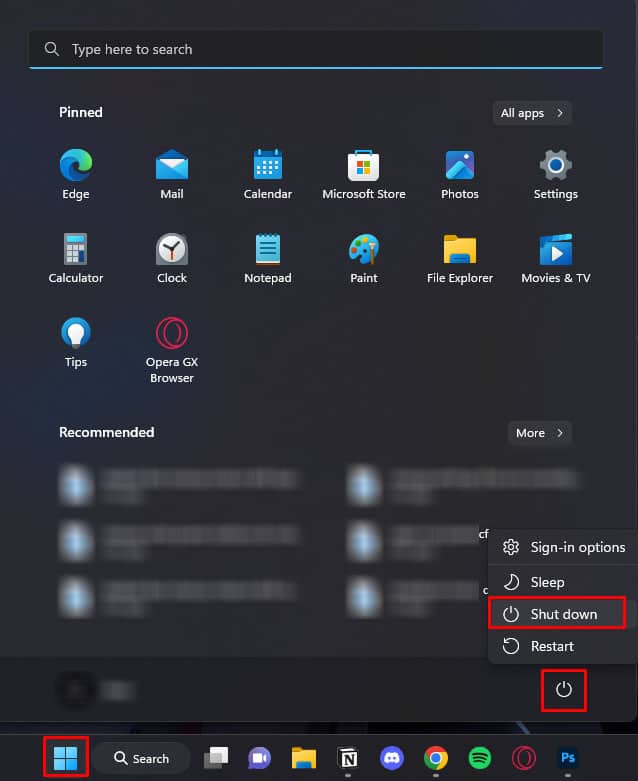 shutdown using start menu