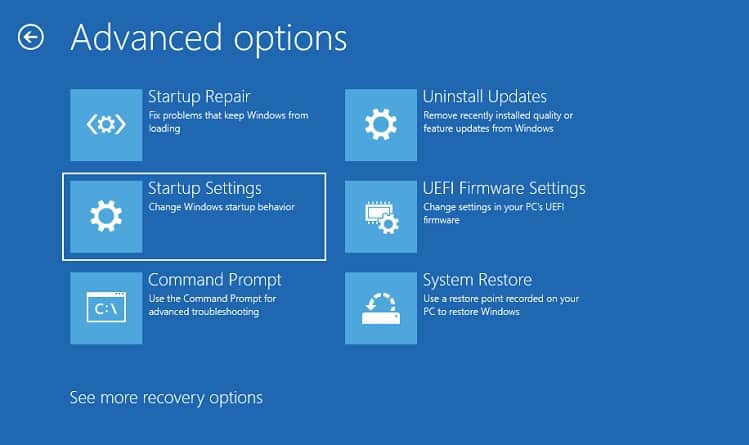 startup settings in advanced options