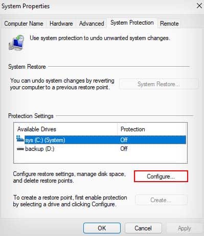 system restore drive configure