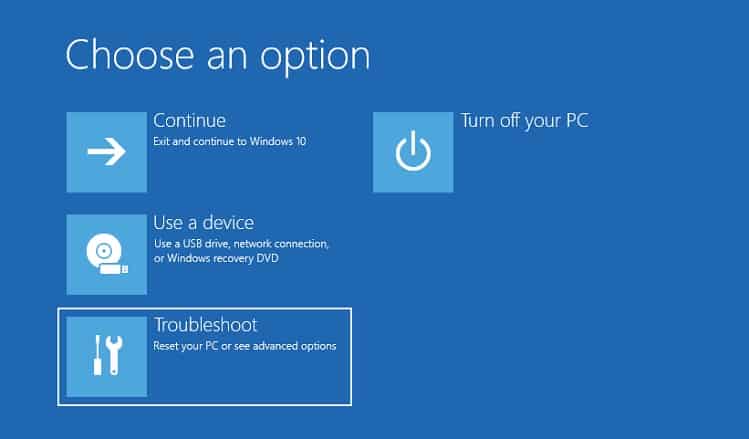 troubleshoot in advanced options