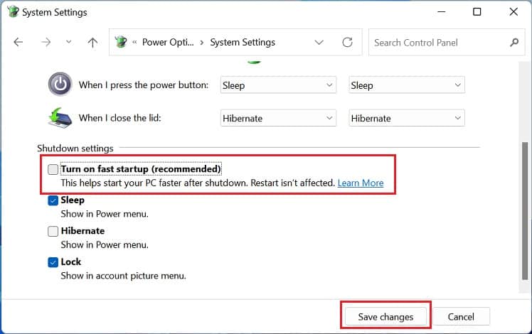 turn off fast startup and save changes