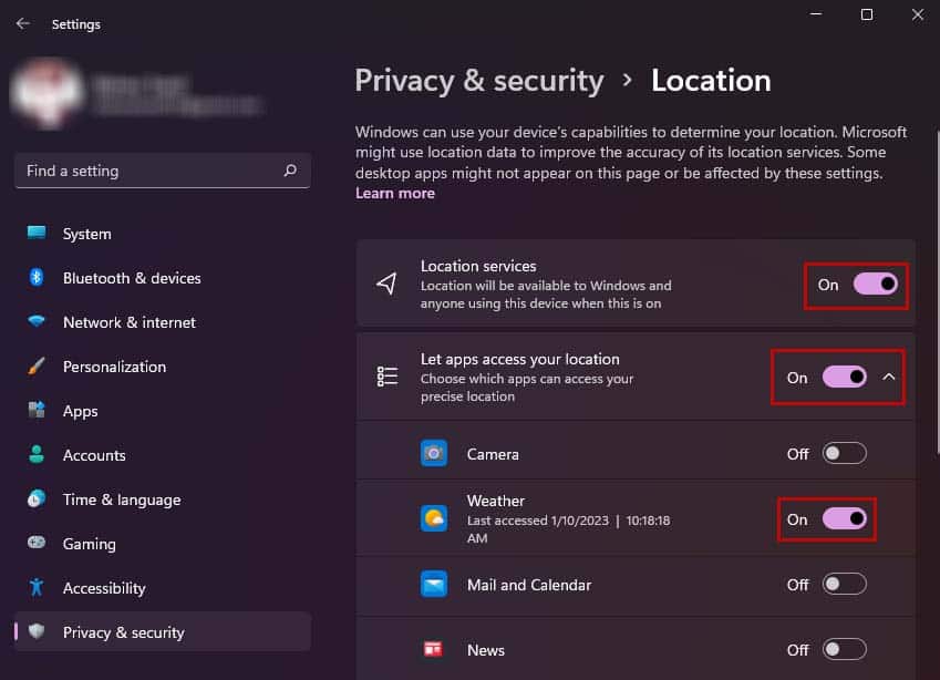 turn on location services for weather app