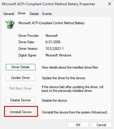 uninstall battery driver