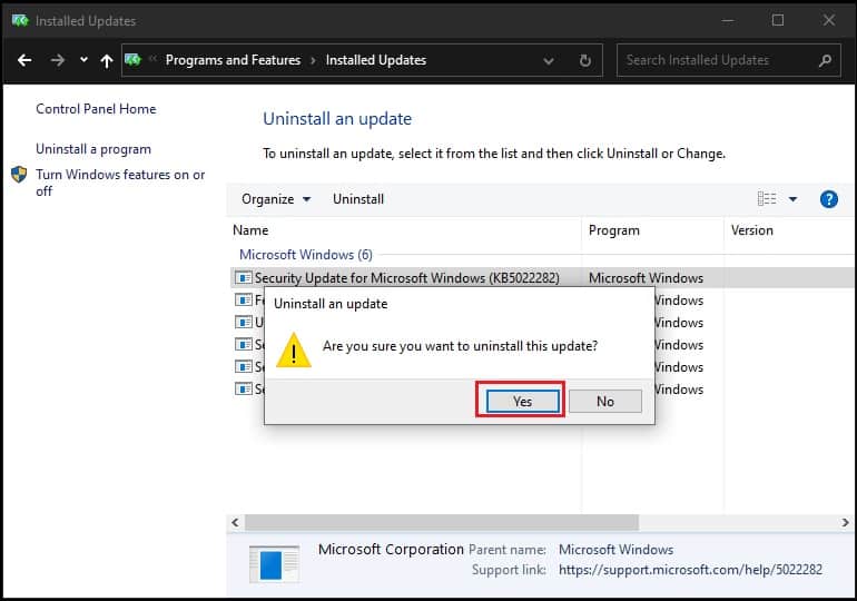 uninstall latest windows update
